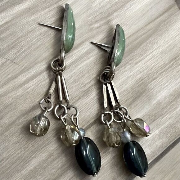 Vintage 90’s dangle earrings green enamel blue and crystal beading one of a kind - Picture 4 of 6